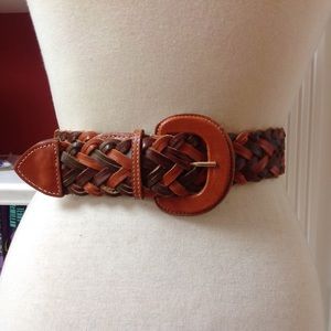 Vintage Green Brown Leather Belt Woven Saddle Belt